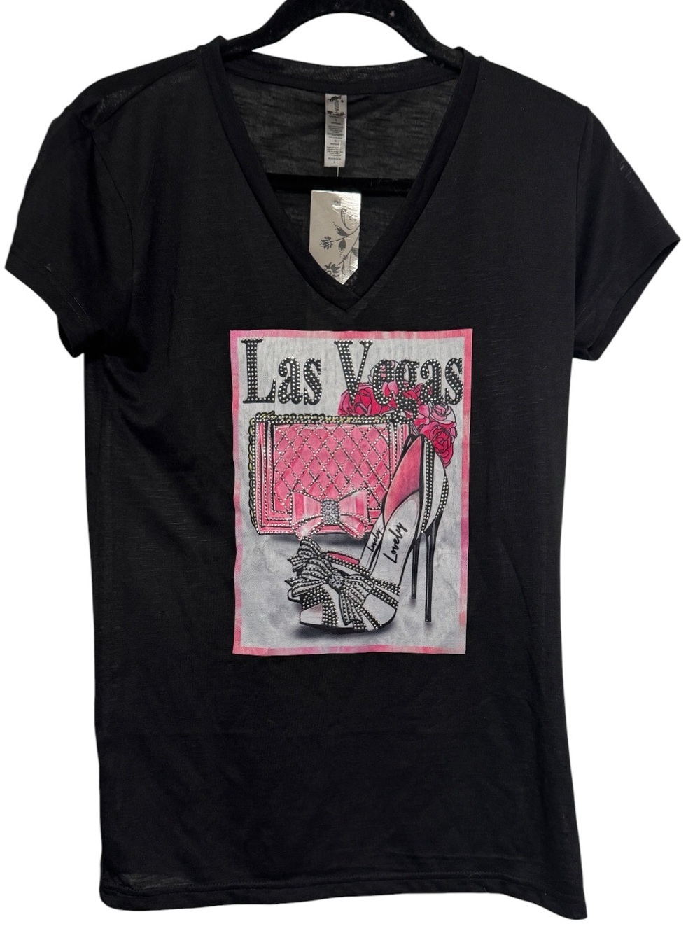 Sweet Gisele Las Vegas Graphic Tee Black V-Neck Rhinestone Bling T-Shirt Sz L